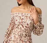 Long Sleeve Off Shoulder Floral Print Cotton Dress In Ecru Chocolate 4