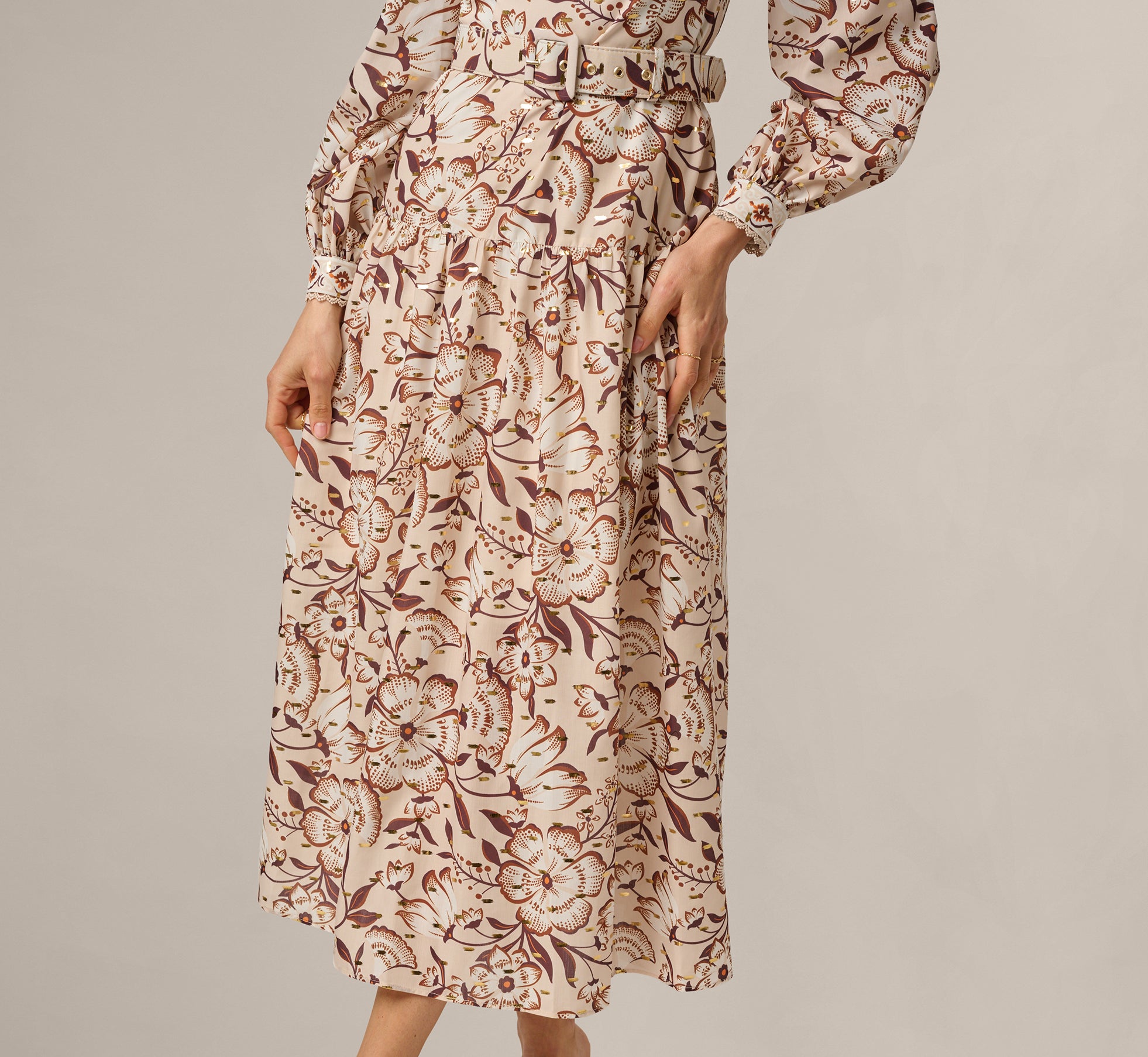 floral print long sleeve dress Ivory Long Sleeve Off Shoulder Floral Print Cotton Dress