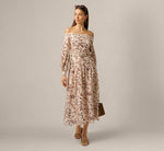 Long Sleeve Off Shoulder Floral Print Cotton Dress In Ecru Chocolate 2