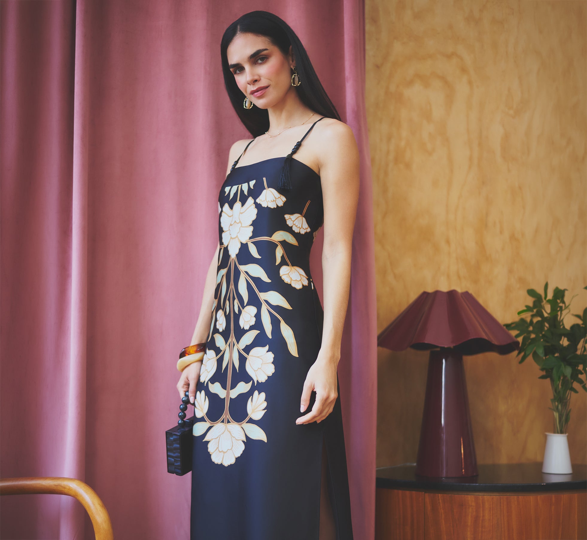 Floral Printed Satin Midi Slip Dress In Black Multi 1