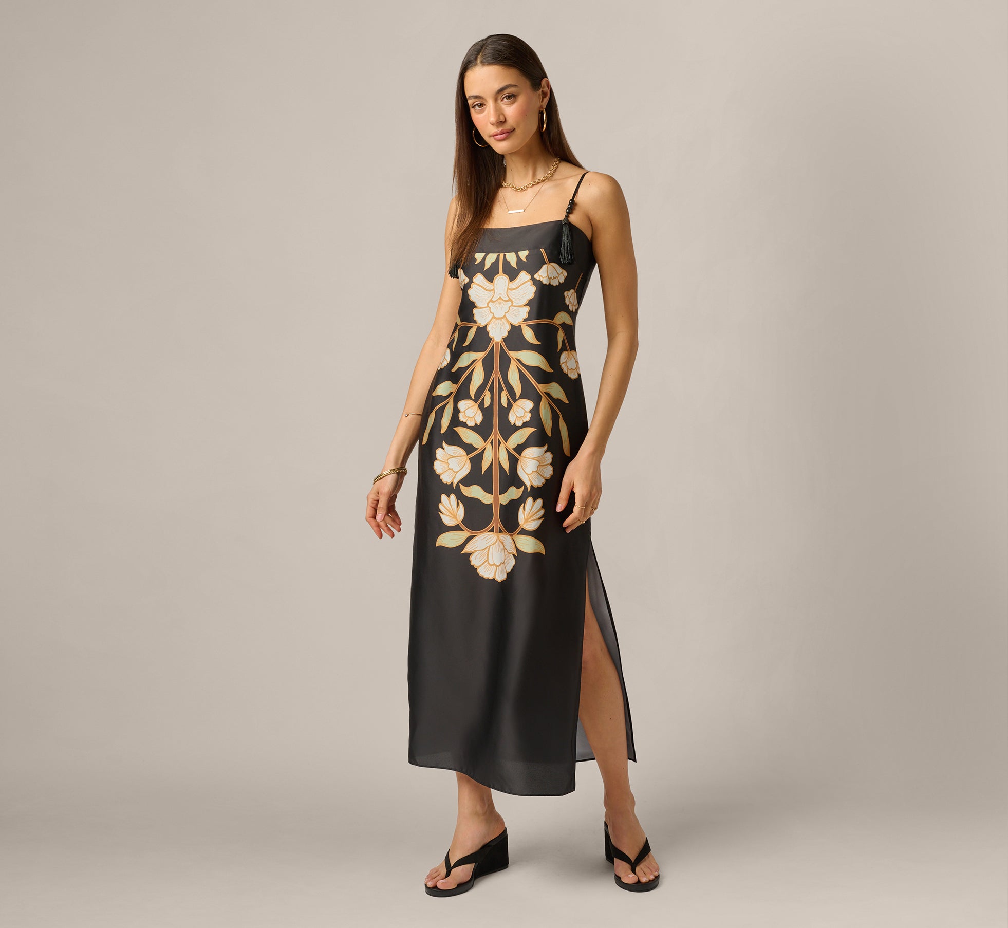 Multi Colored Floral Printed Satin Midi Slip Dress