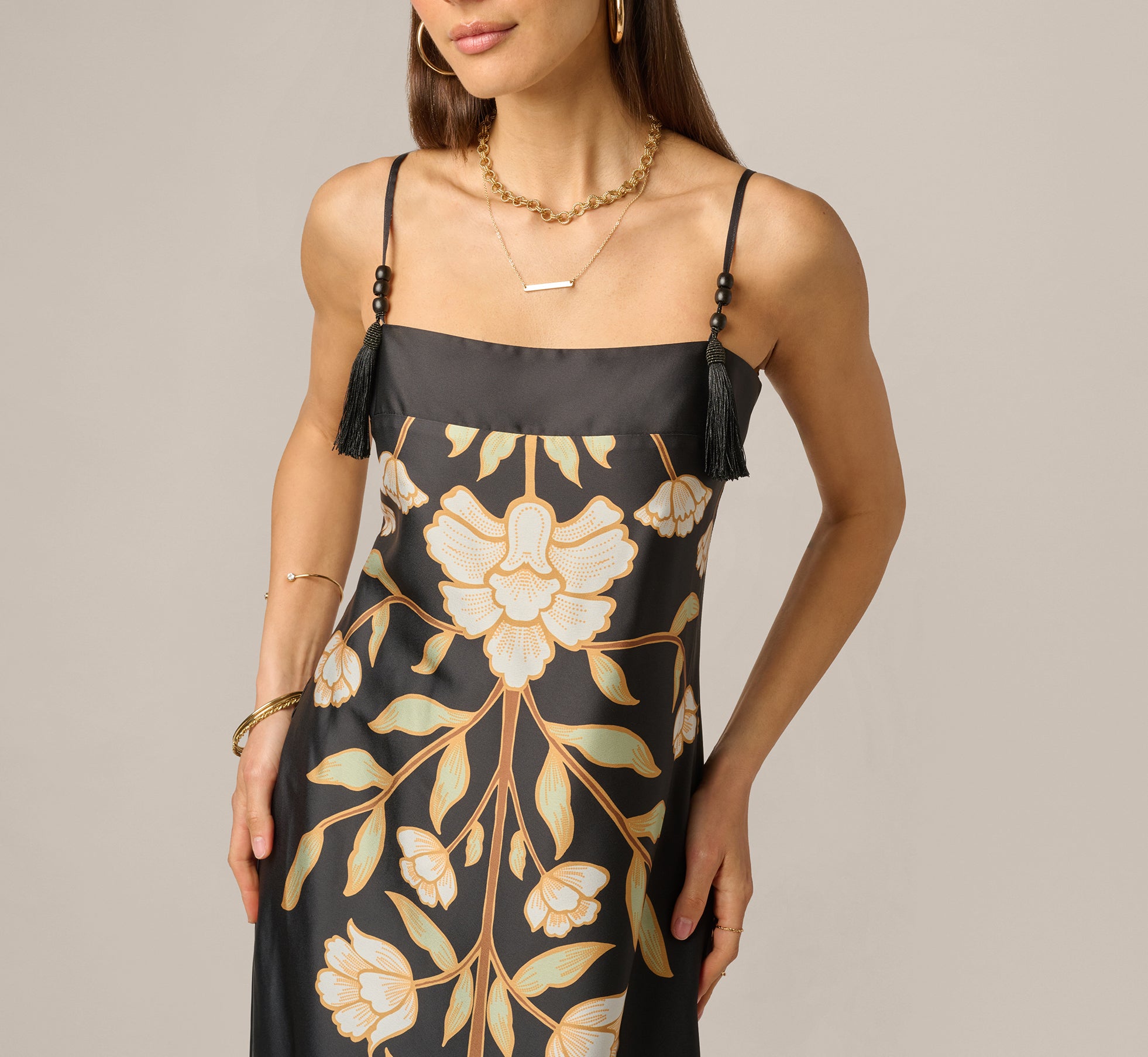 Floral Printed Satin Midi Slip Dress In Black Multi