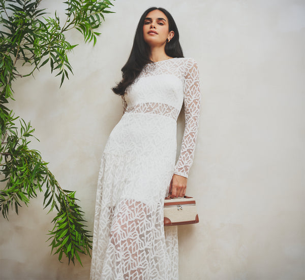 Long Sleeve Stretch Lace Illusion Midi Dress In Ivory, Ivory / Regular / 16