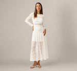 Long Sleeve Stretch Lace Illusion Midi Dress In Ivory 3