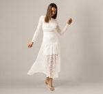 Long Sleeve Stretch Lace Illusion Midi Dress In Ivory 2