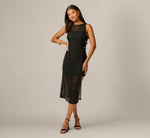 Lace Illusion Asymmetrical Wooden Bead Midi Dress In Black 2