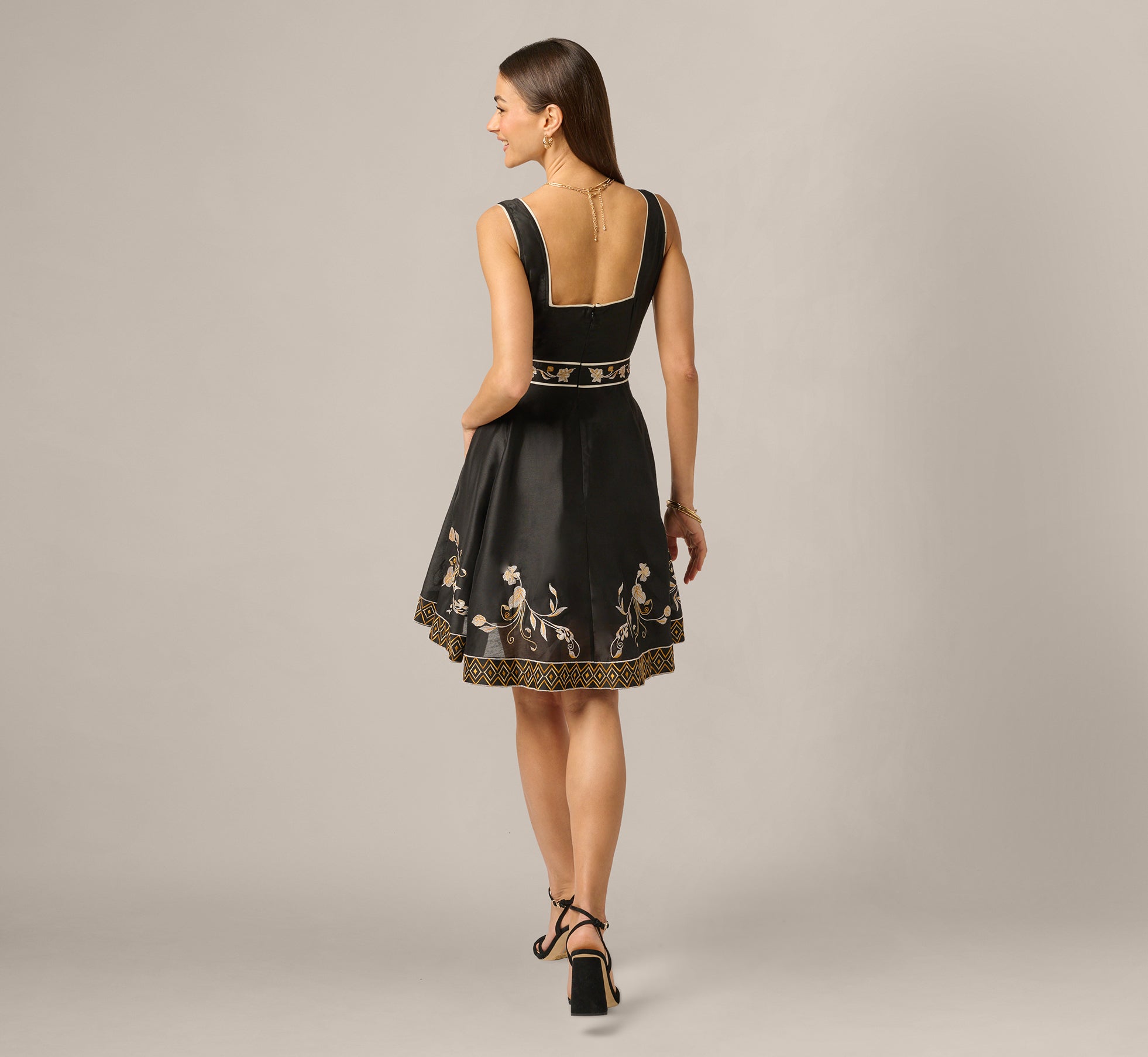 Black Floral Embroidered Cotton Short Dress