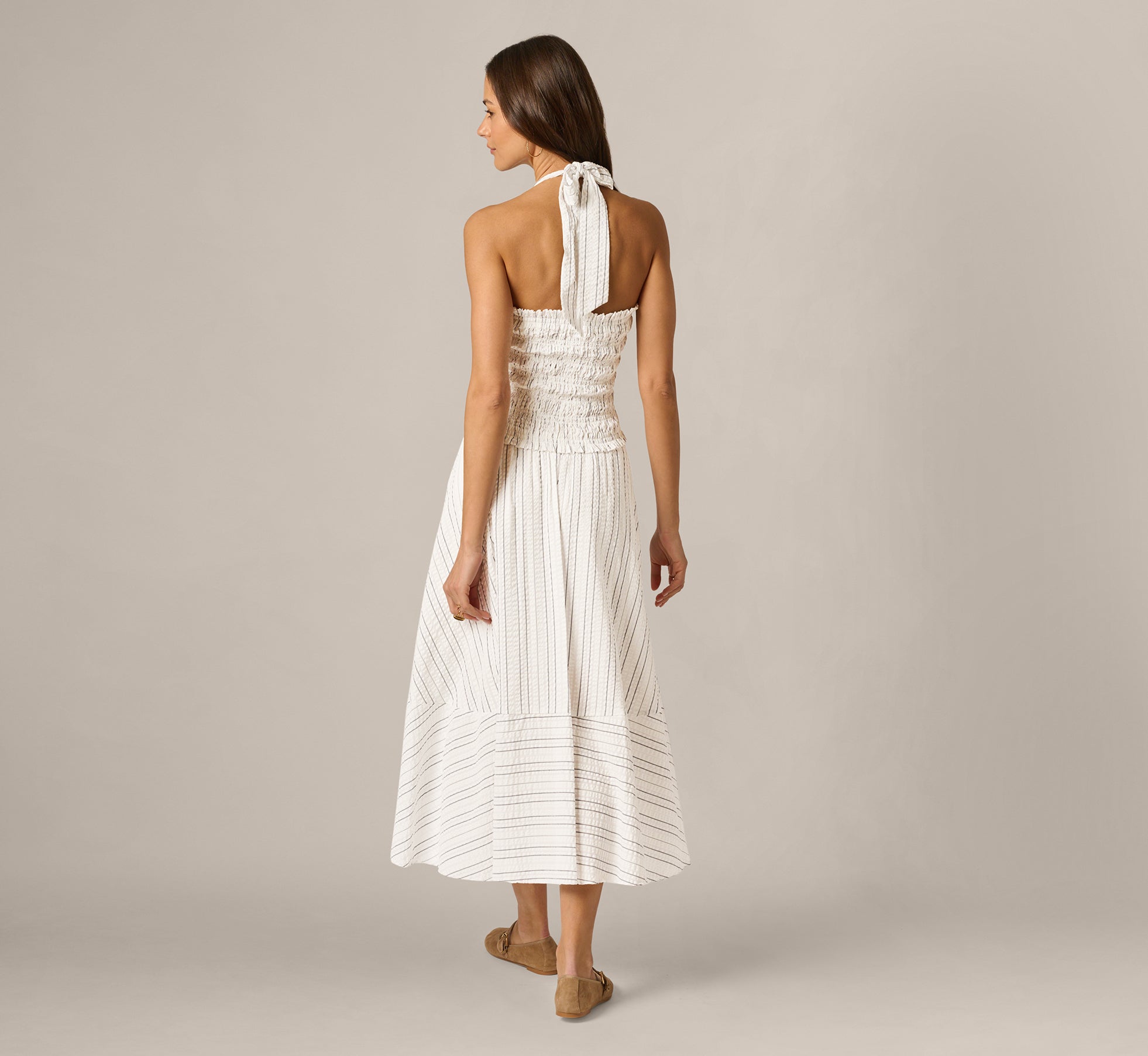 Smocked Seersucker Halter Midi Dress In Ivory Multi