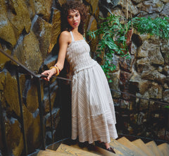 Smocked Seersucker Halter Midi Dress In Ivory Multi