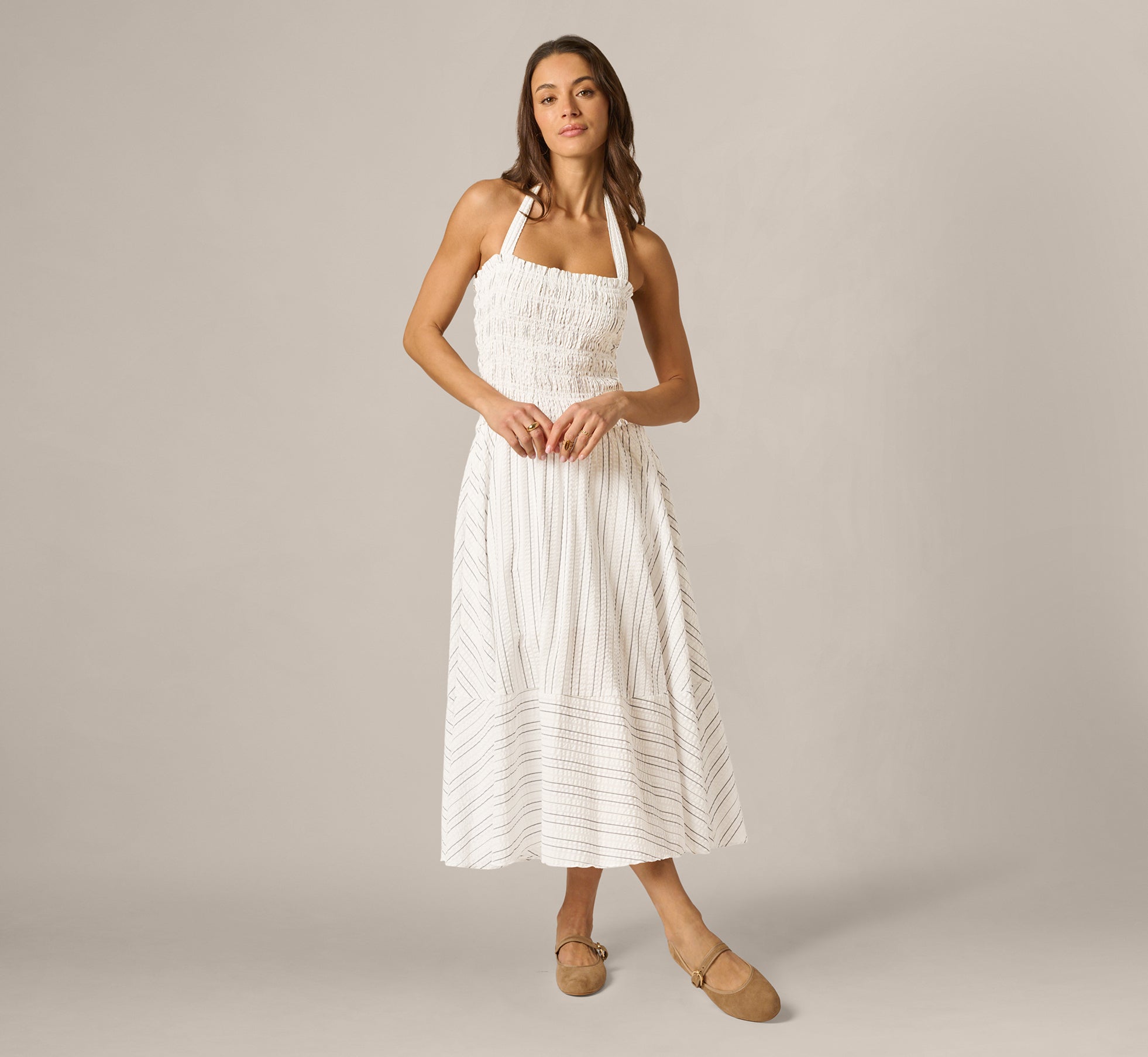 amelita suiting halter midi dress ivory Smocked Seersucker bfcm-eligible Best reset ever: Barcelona airy feel Color:Fuchsia/Turquoise