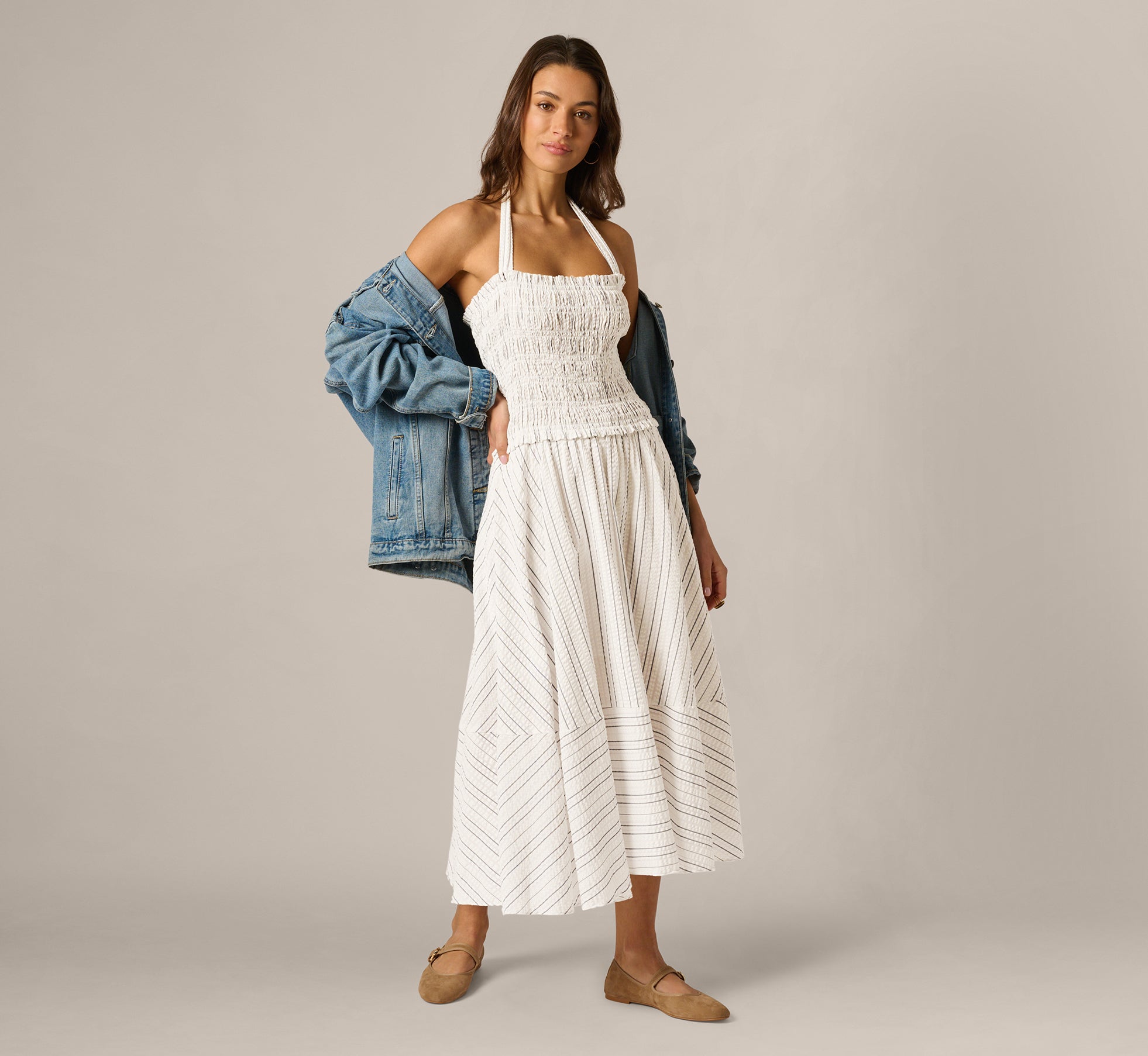 Ivory Smocked Seersucker Halter Midi Dress - Adrianna Papell