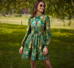 Long Sleeve Keyhole Antique Floral Print Short Dress In Olive Multi 1