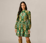 Long Sleeve Keyhole Antique Floral Print Short Dress In Olive Multi 2