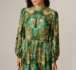 Long Sleeve Keyhole Antique Floral Print Short Dress In Olive Multi 3