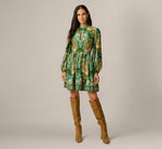 Long Sleeve Keyhole Antique Floral Print Short Dress In Olive Multi 6