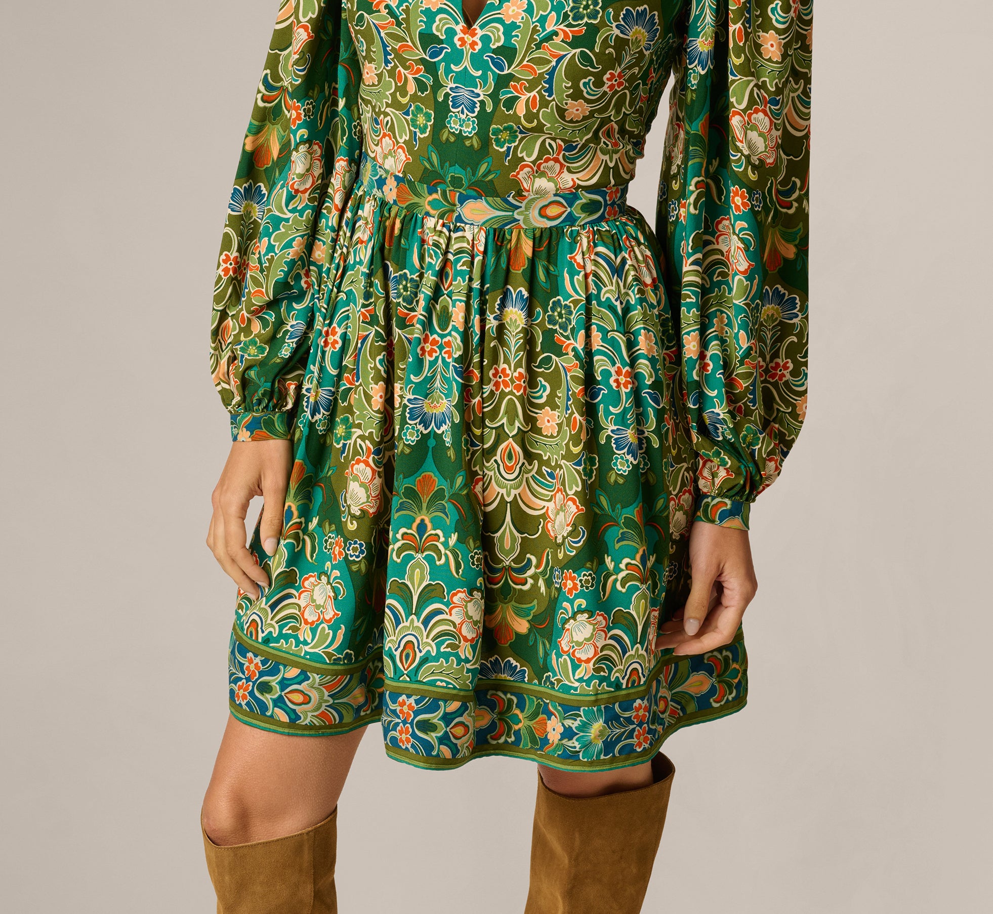 green pineapple garden long sleeve mini dress Keyhole Antique Floral Print Short LowStock:43366045646899