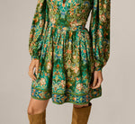 Long Sleeve Keyhole Antique Floral Print Short Dress In Olive Multi 4
