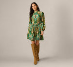 Long Sleeve Keyhole Antique Floral Print Short Dress In Olive Multi 1
