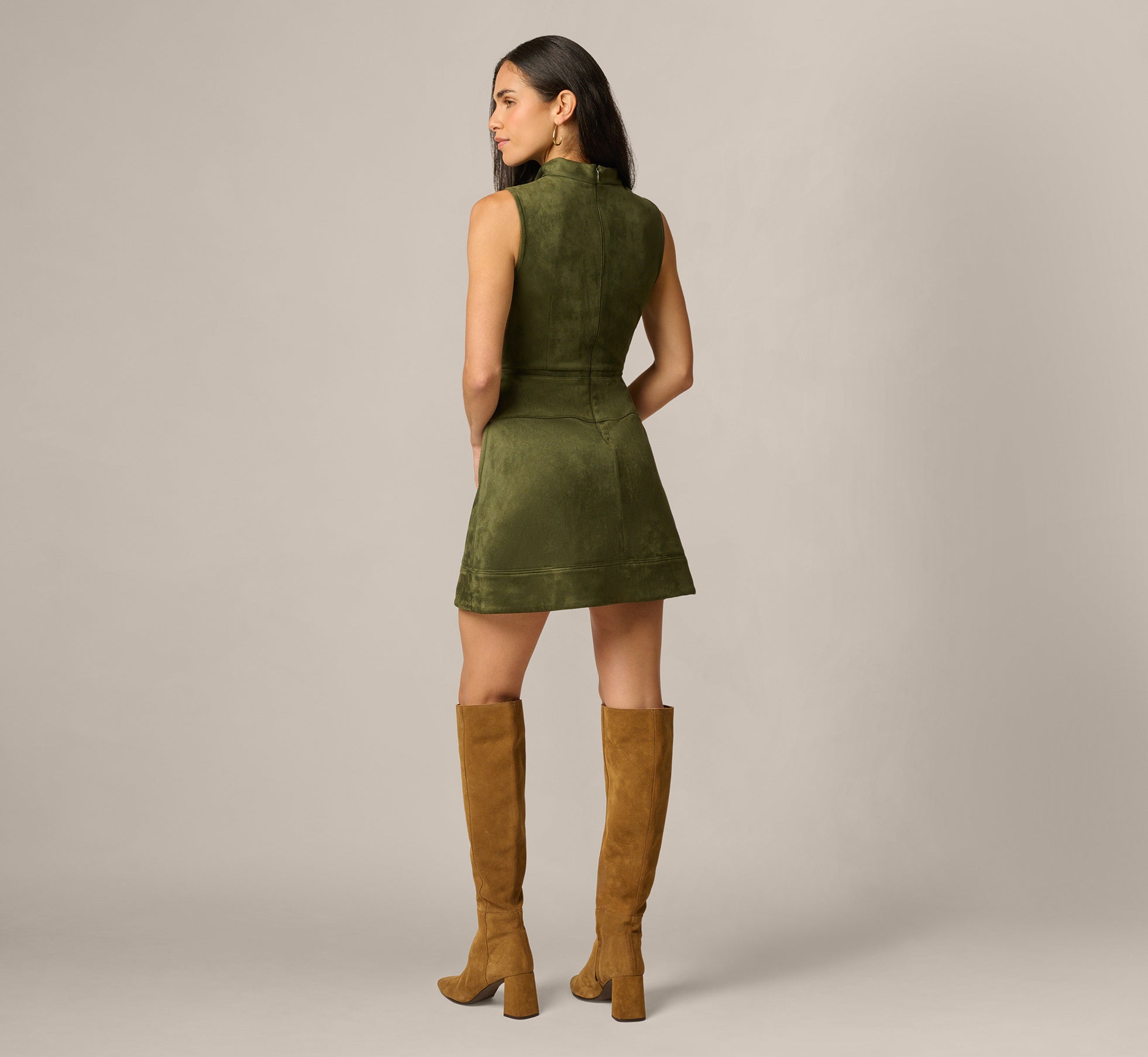 Dark Green Microsuede Cowl Neck Tie Front Mini Dress - Adrianna Papell