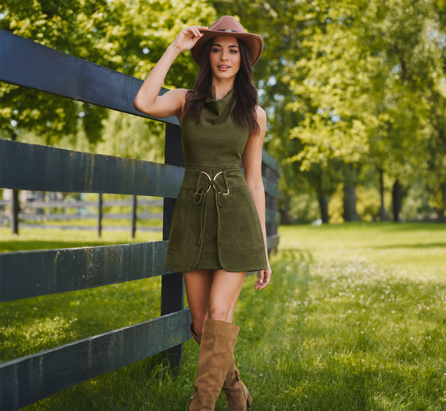 Microsuede Cowl Neck Tie Front Mini Dress In Olive, Olive / Regular / 2