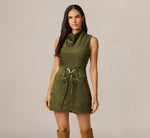 Microsuede Cowl Neck Tie Front Mini Dress In Olive 2