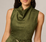 Microsuede Cowl Neck Tie Front Mini Dress In Olive 3