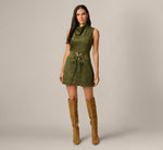 Microsuede Cowl Neck Tie Front Mini Dress In Olive 6