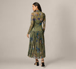 Long Sleeve Floral Stretch Mesh Drop Waist Ankle Length Dress In Olive Multi 5