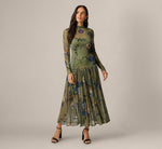 Long Sleeve Floral Stretch Mesh Drop Waist Ankle Length Dress In Olive Multi 2