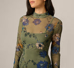 Long Sleeve Floral Stretch Mesh Drop Waist Ankle Length Dress In Olive Multi 3