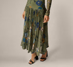 Long Sleeve Floral Stretch Mesh Drop Waist Ankle Length Dress In Olive Multi 4