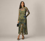 Long Sleeve Floral Stretch Mesh Drop Waist Ankle Length Dress In Olive Multi 1