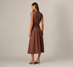 Pinstripe Floral Embroidered Yoke Midi Dress In Dark Brown 5