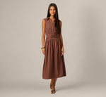 Pinstripe Floral Embroidered Yoke Midi Dress In Dark Brown 2