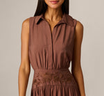 Pinstripe Floral Embroidered Yoke Midi Dress In Dark Brown 3
