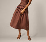 Pinstripe Floral Embroidered Yoke Midi Dress In Dark Brown 4