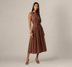Pinstripe Floral Embroidered Yoke Midi Dress In Dark Brown 1