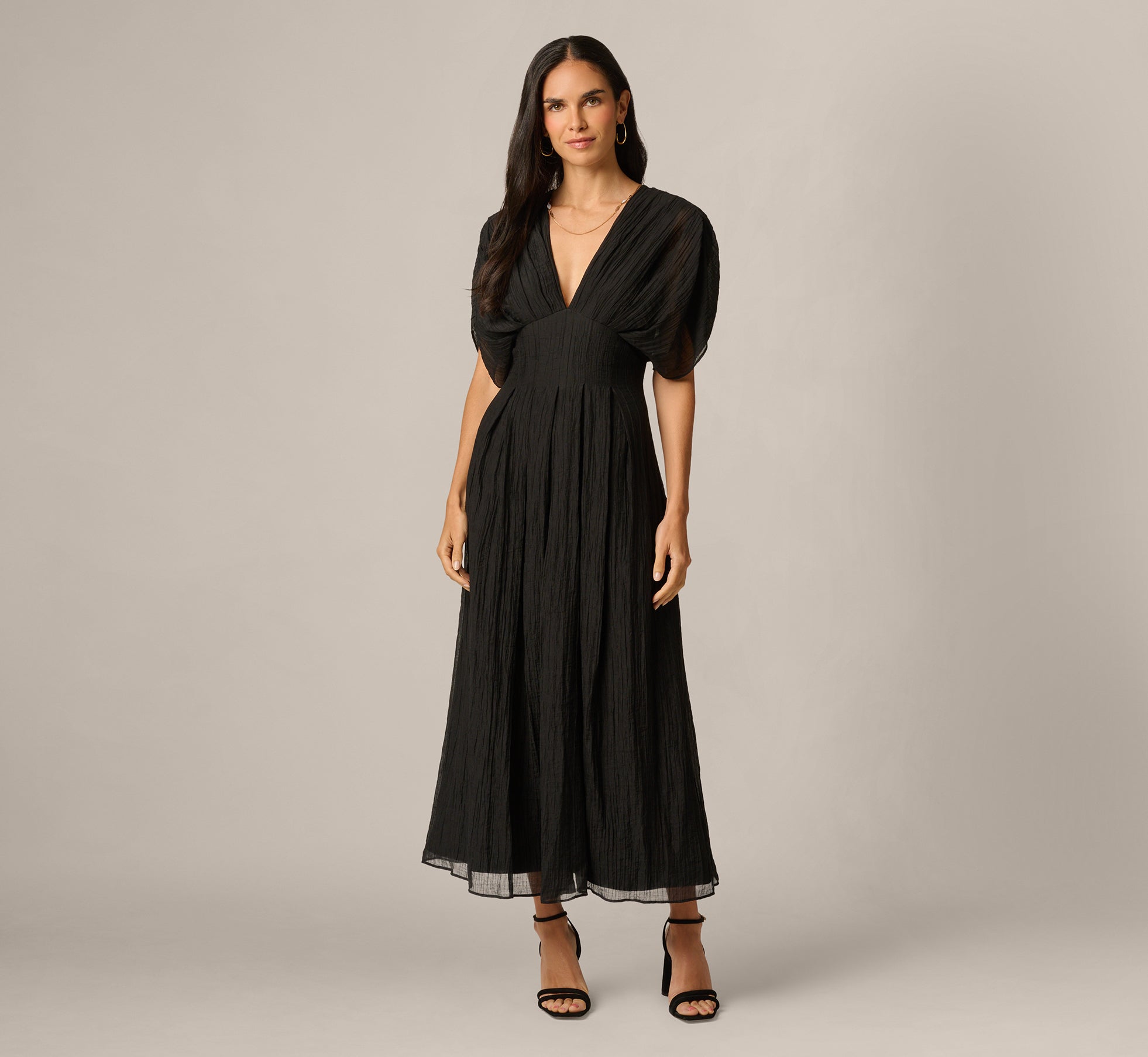 Dolman Sleeve Crinkle Organdy Ankle Length Dress In Black, Black / Regular / 18
