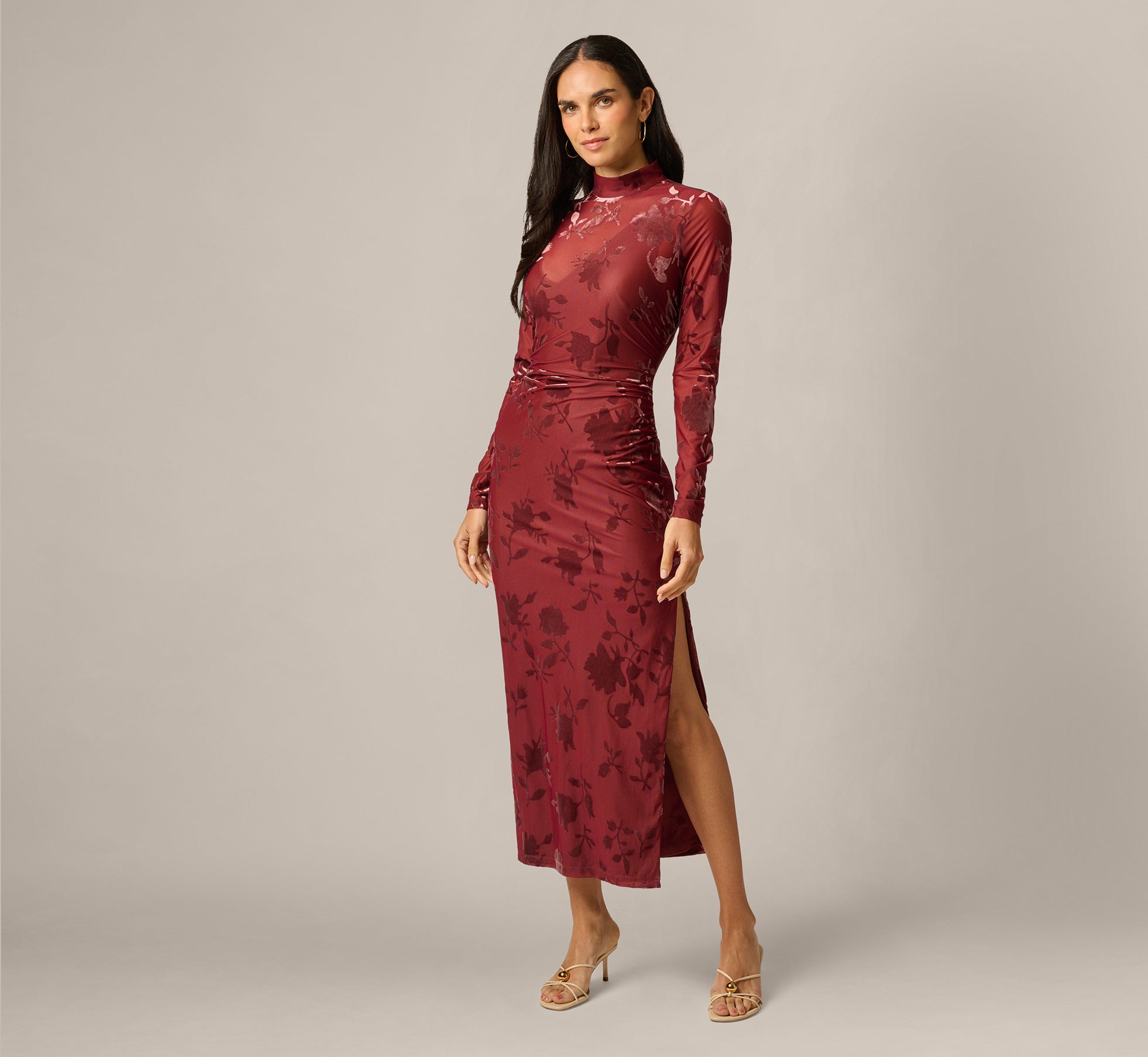 velvet burnt out dress midi dress long sleeves Brown Burnout Sleeve Maxi | Womens | X-Small (Available in S, M) | 100% Polyester 70% Polyester Ochre Warehouse Burnout Velvet Plunge