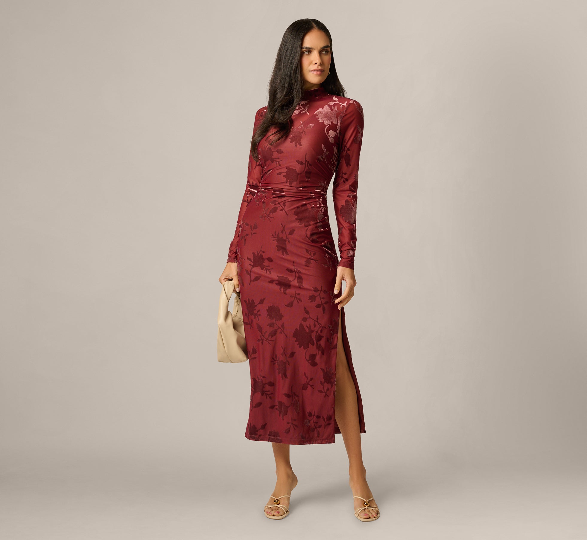 Long Sleeve Stretch Burnout Velvet Ankle Length Dress In Auburn 1