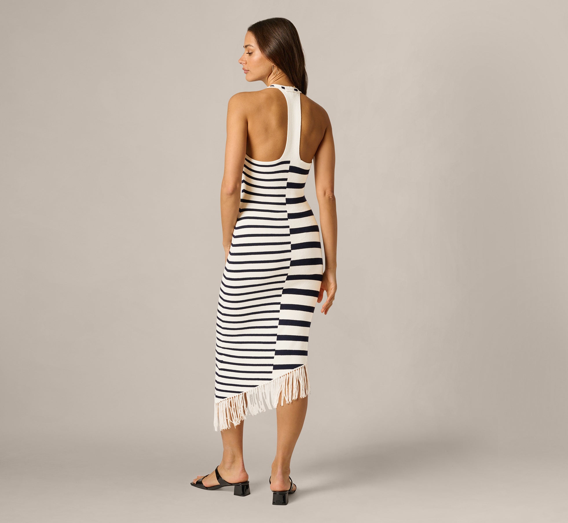 Ivory Navy Striped Asymmetrical Fringe Halter Midi Dress - Adrianna Papell