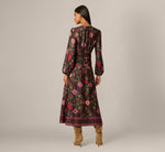 Long Sleeve Textured Satin Floral Scarf Print Ankle Length Dress In Black Multi 5