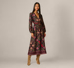 Long Sleeve Textured Satin Floral Scarf Print Ankle Length Dress In Black Multi 2