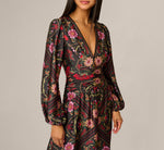 Long Sleeve Textured Satin Floral Scarf Print Ankle Length Dress In Black Multi 3