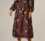 Long Sleeve Textured Satin Floral Scarf Print Ankle Length Dress In Black Multi 4