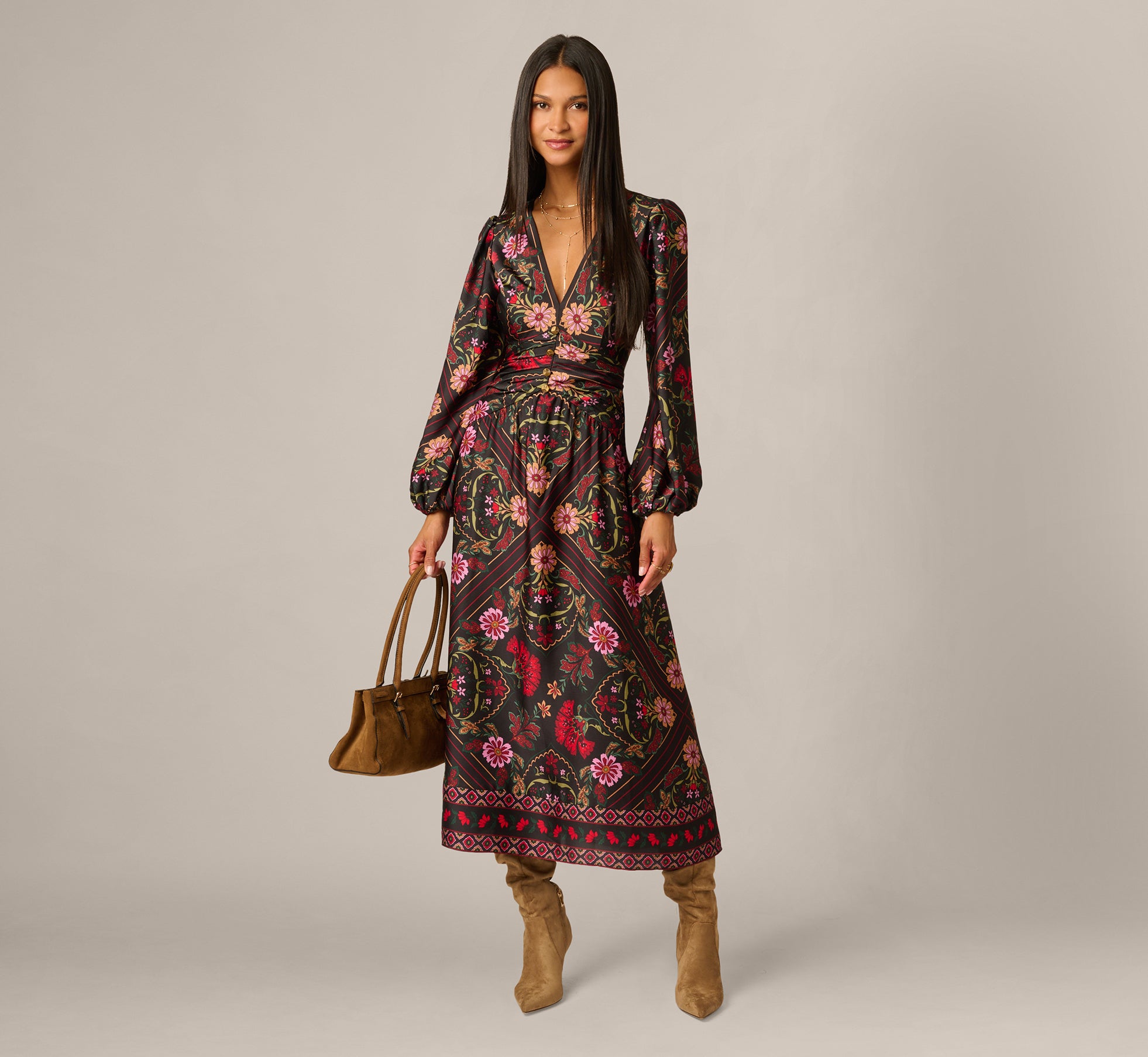 Long Sleeve Textured Satin Floral Scarf Print Ankle Length Dress In Black Multi 1
