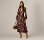 Long Sleeve Textured Satin Floral Scarf Print Ankle Length Dress In Black Multi 1