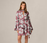 Long Sleeve Floral Crinkle Satin Keyhole Short Ruffle Dress In Sangria Blue 2