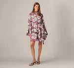 Long Sleeve Floral Crinkle Satin Keyhole Short Ruffle Dress In Sangria Blue 6