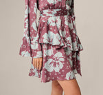 Long Sleeve Floral Crinkle Satin Keyhole Short Ruffle Dress In Sangria Blue 4